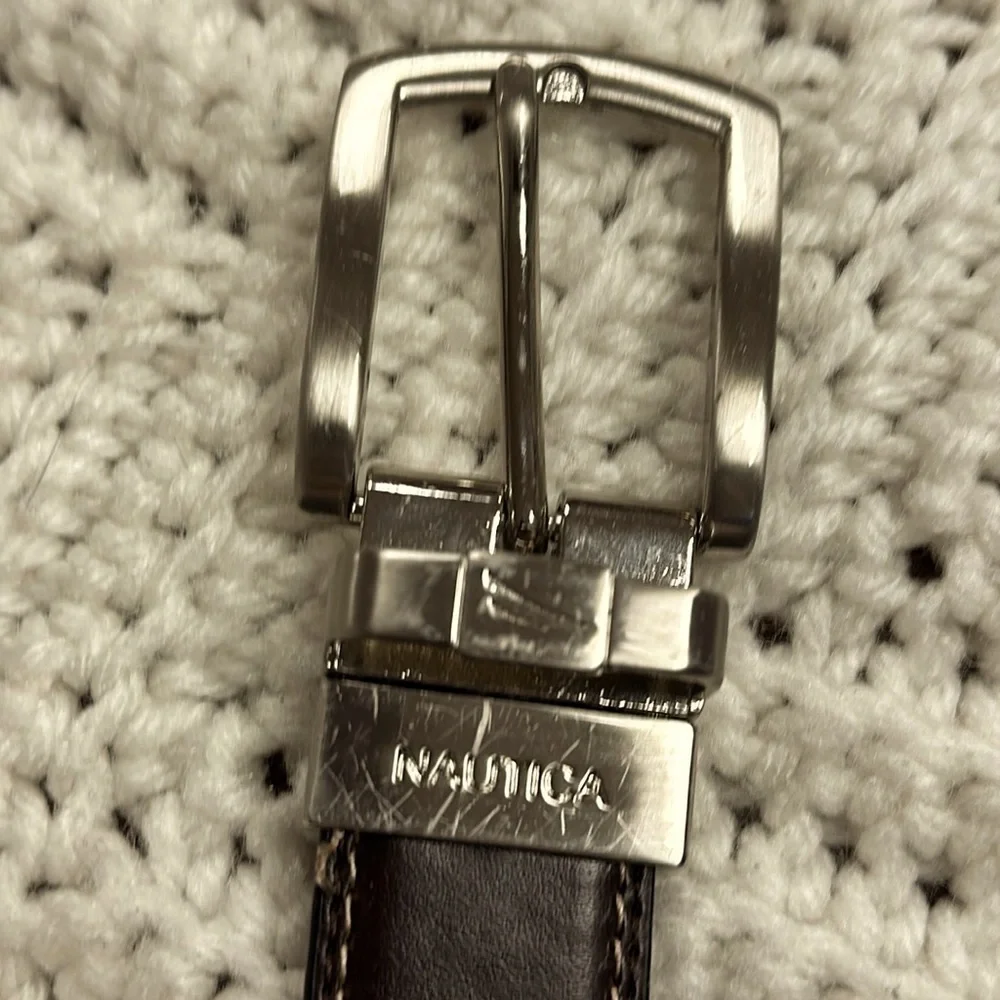 Nautica dark brown faux leather, metal buckle belt, dress or casual wear.